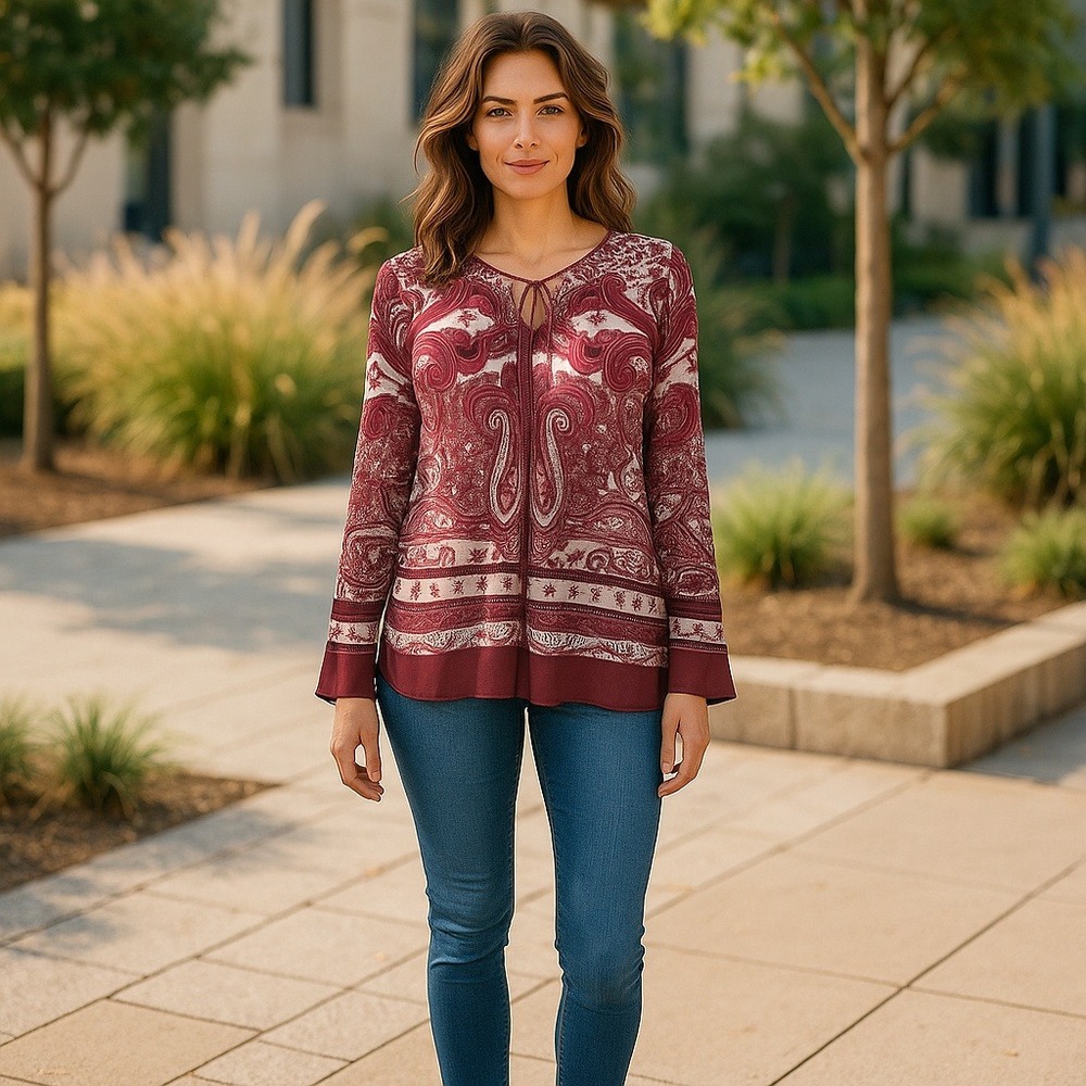 Tribal Women's Paisley Print Blouse, Tie Neckline, Long Sleeve,M Bohemian EUC